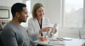 Dentist recommending toothpaste for chronic bad breath to patient.