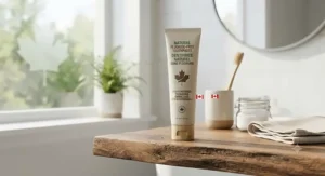 An eco-friendly, recyclable tube of fluoride-free toothpaste resting on a sustainable wooden shelf in an environmentally conscious Canadian home.