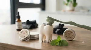 Cruelty-free and vegan certification icons alongside an eco-friendly fluoride-free whitening toothpaste tube.
