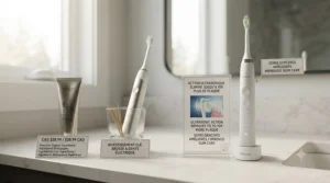 Flat lay vector graphic demonstrating that investing in a quality electric toothbrush matters more for oral hygiene than buying expensive toothpaste.