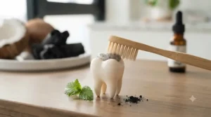 Gentle polishing action safely removing surface stains for a brighter smile using a fluoride-free whitening toothpaste.