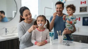 A happy family practicing healthy oral care routines with total care toothpaste.