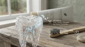 Fluoride-free and SLS-free badge layout for gentle natural toothpaste for sensitive teeth.