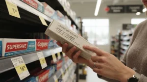 Close-up illustration of a shopper's hands checking the fluoride concentration percentage on a toothpaste box in a Canadian retail aisle.