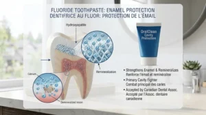 Illustration showing how fluoride toothpaste strengthens tooth enamel against cavities, recommended by Canadian dental associations.