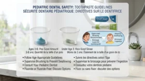Pediatric dental guidance on safe brushing amounts for children comparing fluoride-free toothpaste vs fluoride toothpaste.