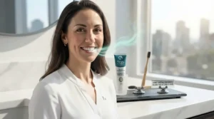 Artistic representation of long-lasting cooling freshness from total care toothpaste.