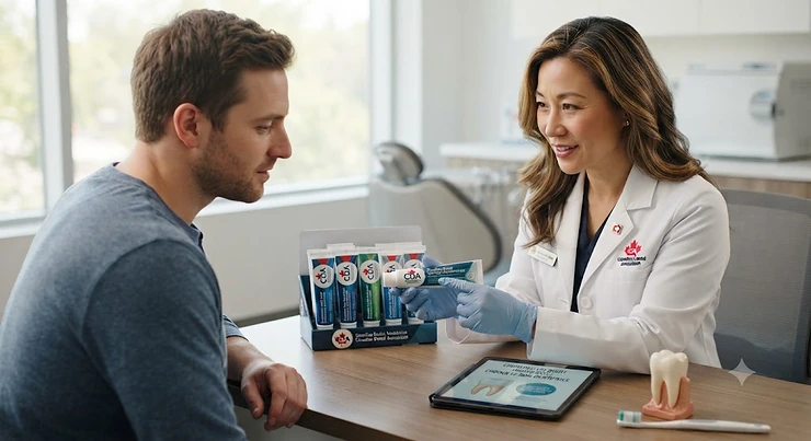 Person consulting with dentist on how to choose the right toothpaste.