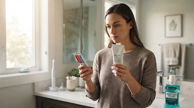 A Canadian consumer comparing a luxury organic tube and a standard drugstore toothpaste tube in a brightly lit bathroom, evaluating if expensive toothpaste is worth it. is expensive toothpaste worth it