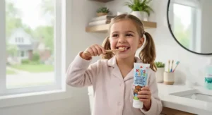 A playful, child-friendly graphic showing safe, fruit-flavored fluoride-free toothpaste designed for children in Canadian households.