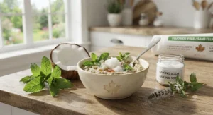 Flat vector illustration of plant-based ingredients like mint leaves, coconut oil, and baking soda used in Canadian fluoride-free toothpaste formulations.