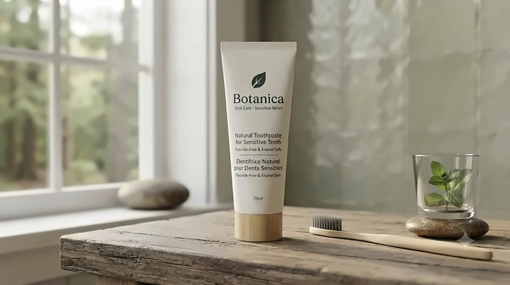 Tube of natural toothpaste for sensitive teeth on a wooden surface, popular across Canada for fluoride-free oral care.