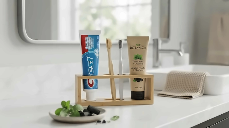 A side-by-side comparison of natural toothpaste vs regular toothpaste on a Canadian bathroom vanity, highlighting eco-friendly oral care choices.