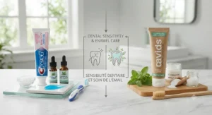 An infographic comparing the lifecycle of regular toothpaste packaging (landfill) and natural toothpaste packaging (recyclable) in a bathroom setting, with text in English and French.