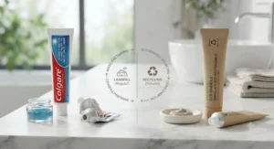 A detailed split-screen comparison showing regular toothpaste (Colgate with Fluoride) and natural toothpaste (Eco-Friendly Plant-Based, Fluoride-Free), with macro views of their respective pastes and brushes on a marble vanity.