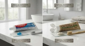 A detailed infographic comparing the ingredients of regular toothpaste (Colgate Total with SLS, Propylene Glycol, Colorant) and natural toothpaste (David's with Baking Soda, Coconut Oil, Xylitol, Mint) in a clean, naturally lit bathroom setting.