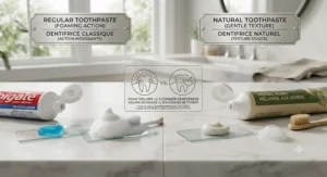 A price and value comparison showing regular toothpaste (Colgate, $3.49 CAD) and natural toothpaste (Herbal Mint, $8.99 CAD) side-by-side on a marble counter with coin jars, including a central infographic circle detailing "Value vs Quality."