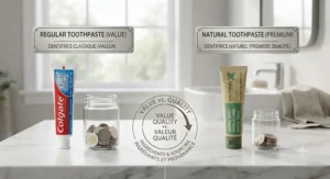 A split-screen comparison showing Colgate regular toothpaste and a natural toothpaste brand, both with bilingual English/French packaging and specific Health Canada DIN/NPN numbers, confirming compliance for the Canadian market.