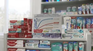 Wide variety of Colgate, Crest, and Sensodyne products in a Canadian pharmacy. / Grande variété de produits Colgate, Crest et Sensodyne en pharmacie canadienne.