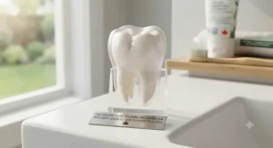 Illustrative icon of a smiling tooth surrounded by a gentle shield, highlighting fluoride-free toothpaste for sensitive teeth across Canada.