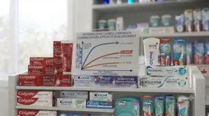 Sensitivity relief chart comparing Colgate vs Crest vs Sensodyne. / Tableau comparatif du soulagement de la sensibilité : Colgate vs Crest vs Sensodyne.