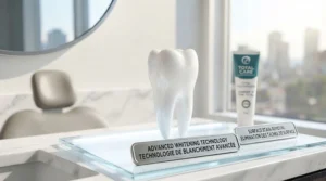 Visual comparison of cleaner, brighter teeth using total care toothpaste daily.