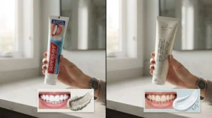 A split-screen graphic contrasting marketing claims of expensive whitening toothpaste with realistic, gentle enamel stain removal for everyday Canadian users.