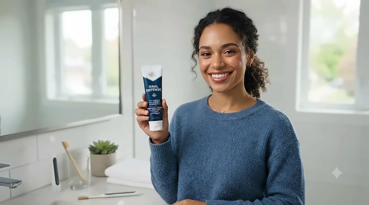 Person with confident smile using toothpaste for chronic bad breath.