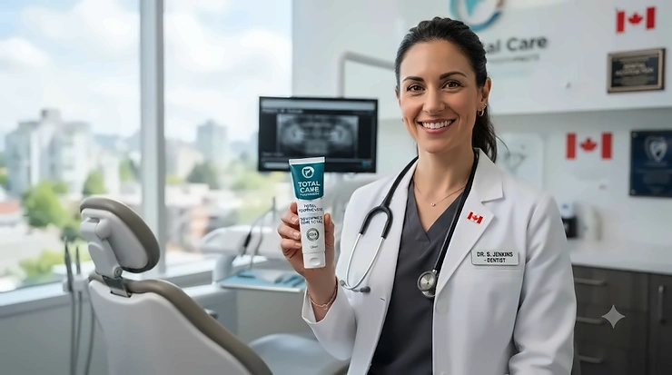 Dental professional recommending total care toothpaste for optimal oral health.