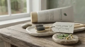 Vegan and cruelty-free certification icons for plant-based natural toothpaste for sensitive teeth available in Canada.