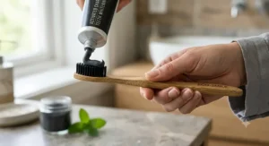 Person applying dark charcoal toothpaste onto an eco-friendly bamboo toothbrush.