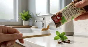 Applying a pea-sized amount of clove essential oil toothpaste onto a soft-bristle toothbrush for gentle sensitivity care.