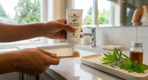 Close-up of a person applying white tea tree oil toothpaste onto an eco-friendly bamboo toothbrush.