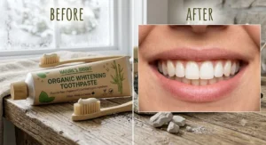 Comparison showing a brightened smile from using organic whitening toothpaste