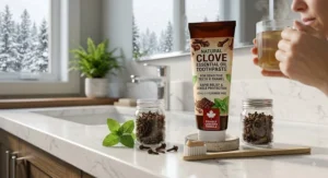 Comparison view of natural clove essential oil toothpaste offering long-lasting relief for sensitive teeth in Canadian winters.