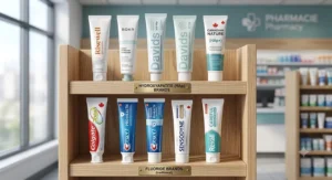 Selection of leading hydroxyapatite and fluoride toothpaste brands sold in Canadian pharmacies.