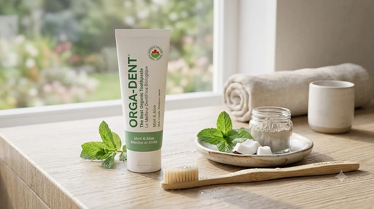 Best organic toothpaste tube with Canadian Maple Leaf logo sitting beside a bamboo toothbrush and fresh mint leaves.