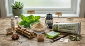 Illustration of natural botanical ingredients used in plant-based toothpaste