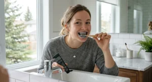 Woman brushing her teeth with charcoal toothpaste for natural stain removal.