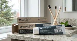 Health Canada compliant charcoal toothpaste packaging displaying natural oral care certification.