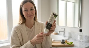 A Canadian woman holding a tube of charcoal toothpaste for sensitive teeth in a brightly lit modern bathroom.