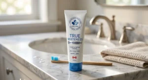 Illustration of Canadian Dental Association recognized whitening toothpaste tube for daily oral care