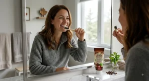 A smiling person in a brightly lit Canadian home brushing with clove essential oil toothpaste for daily sensitivity relief.