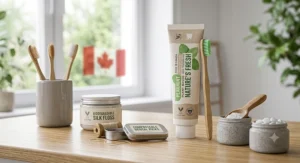 A Canadian family engaging in a morning routine with cruelty-free plant-based toothpaste and eco-friendly brushes.