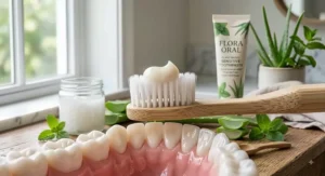 Eco-friendly plant-based toothpaste packaging featuring a subtle maple leaf, highlighting Canadian-made dental care for sensitive teeth.