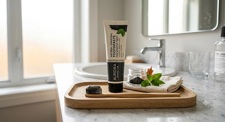 Natural charcoal toothpaste formulated for sensitive teeth on a clean wooden tray, designed for gentle Canadian oral care routines.
