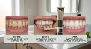 Visual demonstration showing gentle stain removal on sensitive teeth using charcoal toothpaste after drinking coffee and tea.