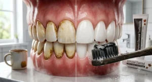 Illustration showing charcoal toothpaste removing stubborn coffee and tea stains from teeth.