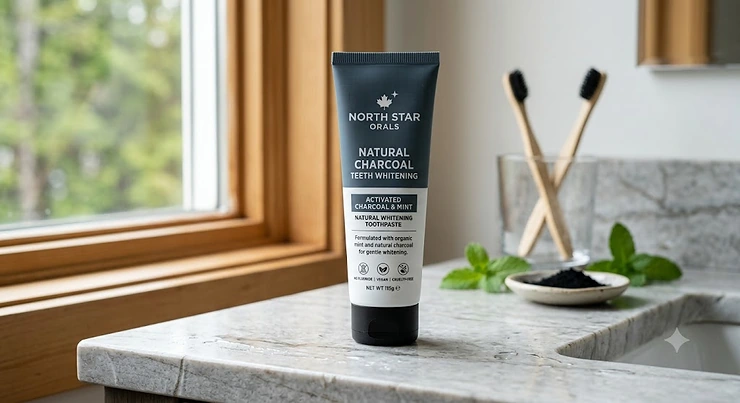 Tube of charcoal toothpaste with natural ingredients, ideal for teeth whitening in Canada.