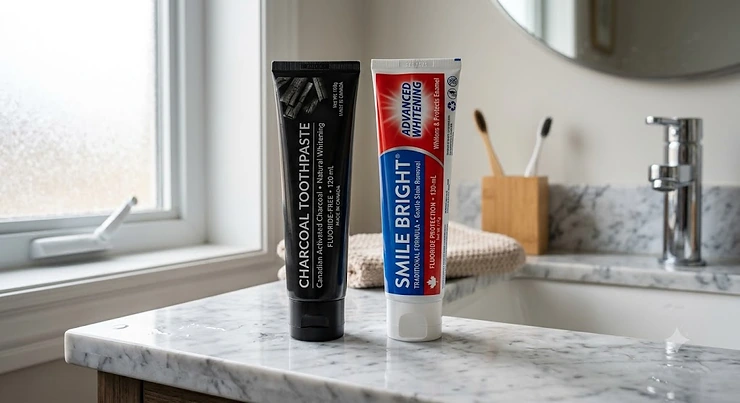 Comparison of charcoal toothpaste and traditional whitening toothpaste tubes on a bathroom counter charcoal toothpaste vs whitening toothpaste